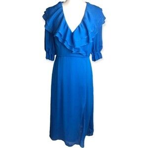 River Island Blue Frilly Crepe 3/4 Sleeve Sheer Midi Dress